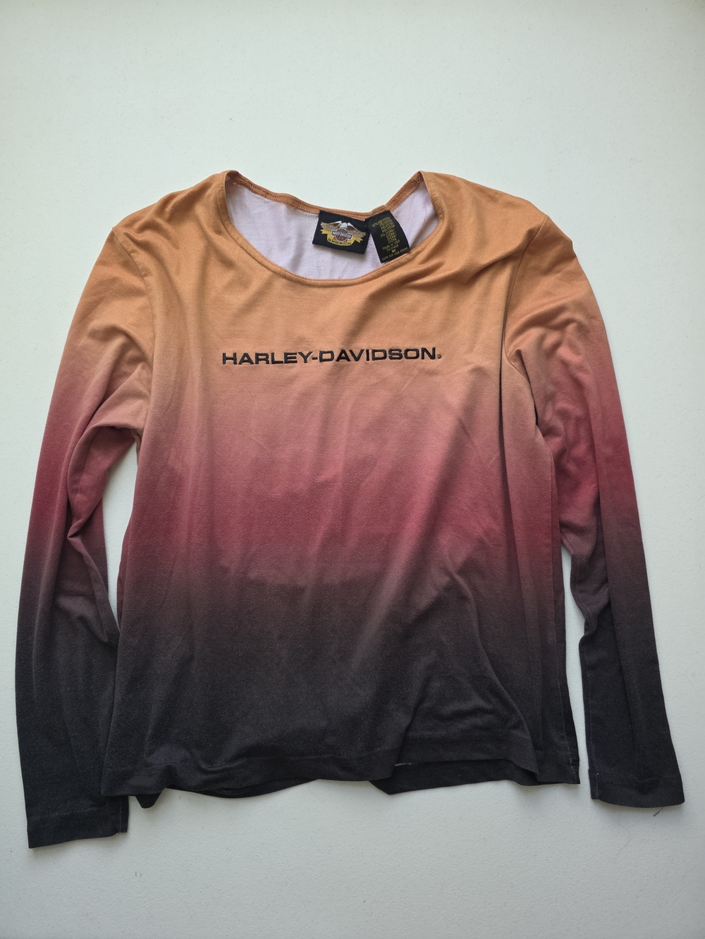 Vintage Harley-Davidson Women's Ombre Long Sleeve Tee in Orange, Pink and Black